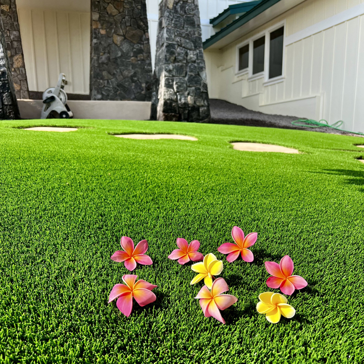 Close up of Monte Verde synthetic grass with flowers in Hawaii